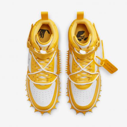 オフホワイト × ナイキ エアフォース1 ミッド SP レザー ホワイト アンド バーシティメイズ Off-White × Nike Air Force 1 Mid SP LTHR White and Varsity Maize - VICTORIA SNKRS