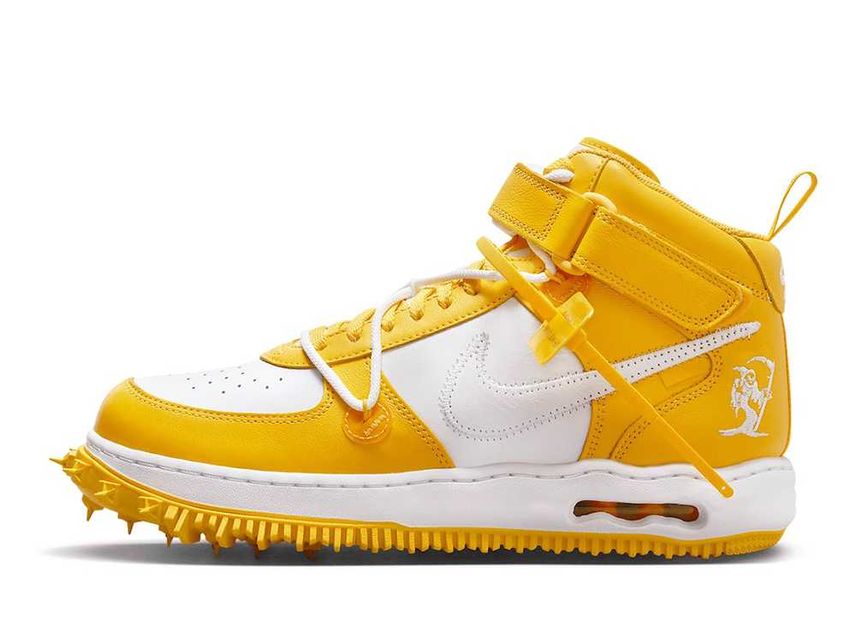 オフホワイト × ナイキ エアフォース1 ミッド SP レザー ホワイト アンド バーシティメイズ Off-White × Nike Air Force 1 Mid SP LTHR White and Varsity Maize - VICTORIA SNKRS